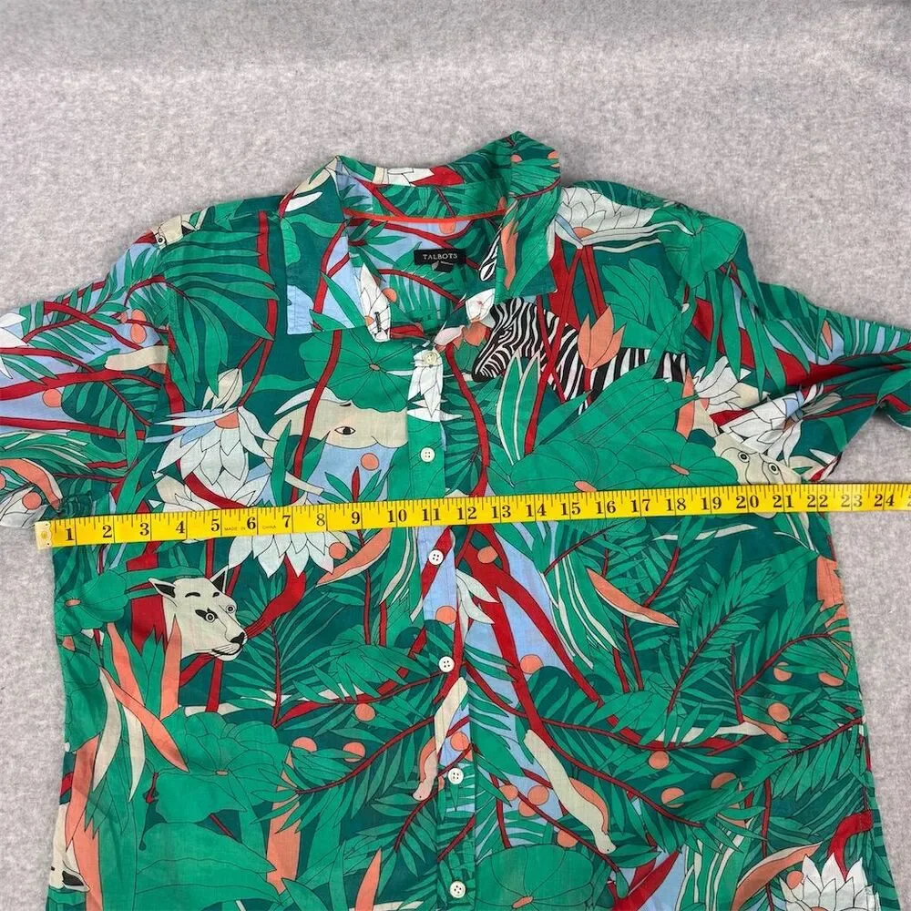 Talbots Women's Cotton Jungle Print Blouse Green Long Sleeve Size Large - Picture 7 of 10